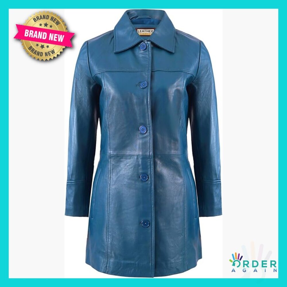 Lambskin Leather Car Coat Classic 3/4 Length Overcoat Elegant Chic